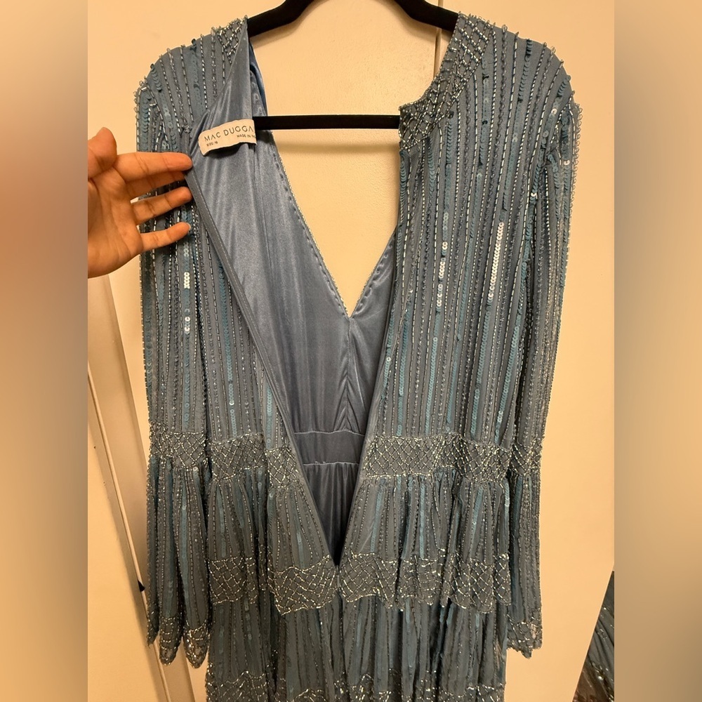 NWT | Mac Duggal 5442 Blue Emblemished Bell Sleeve Tiered Gown Size 16 - Picture 17 of 17